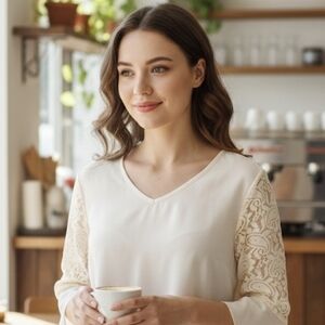 Cream Lace Sleeve V-Neck Blouse